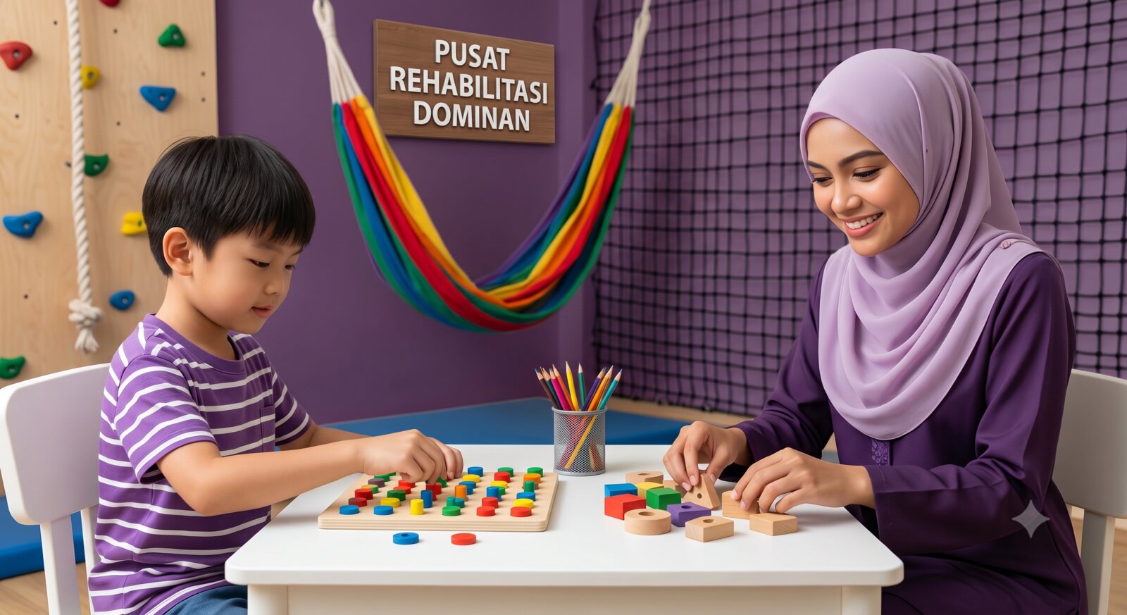A therapist guiding a child through a shape-sorting activity at Pusat Rehabilitasi Dominan
